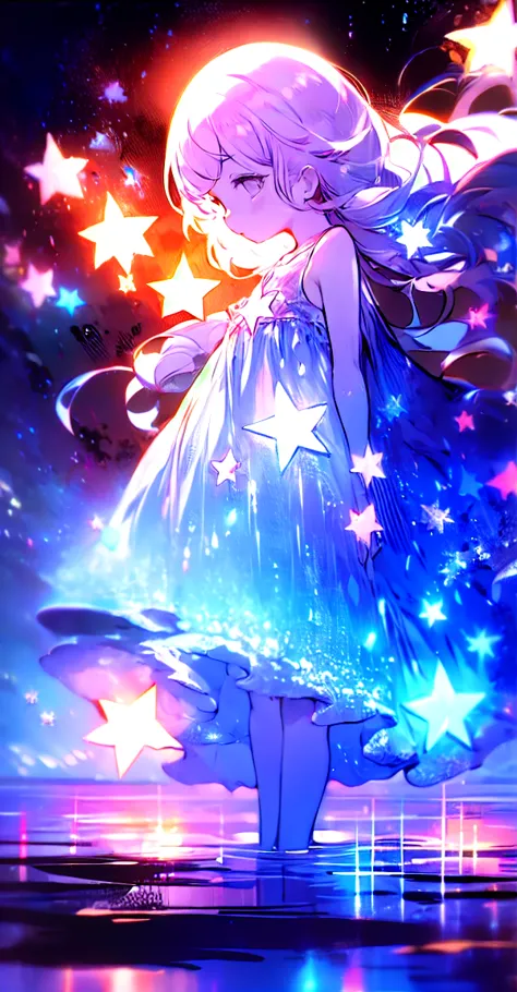 xcdd, dress, water遊び, star, water, null, night, shine, shine, star, night null, backlight, particles of light, floating hair,, a...