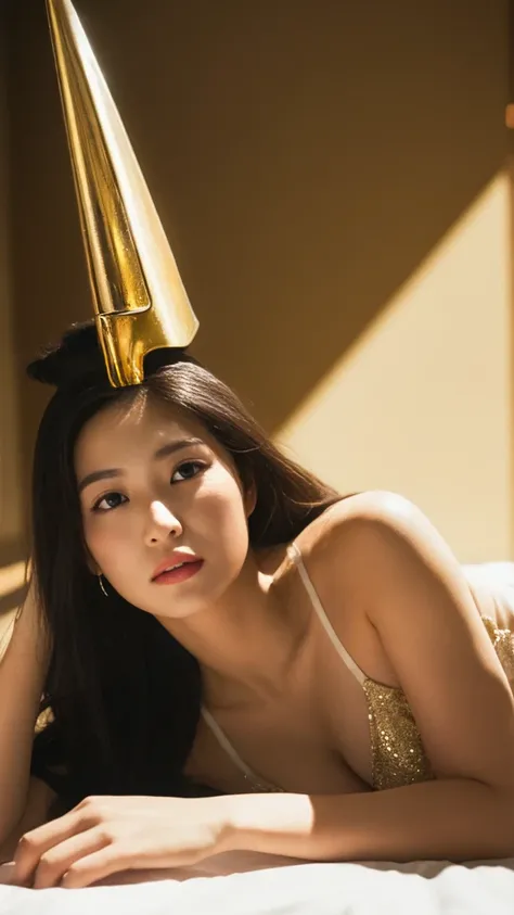 Egyptian Pharaoh、Lying down、See-through、I&#39;m not wearing anything underneath、Full Body Shot、20th Ayaka、NiziU AYAKA、 ４Ｋ、１People Women、slender、 Loose, wavy styling 、Fascinating and attractive、Including the texture of the face and skin.Detailed eyes、A sedu...