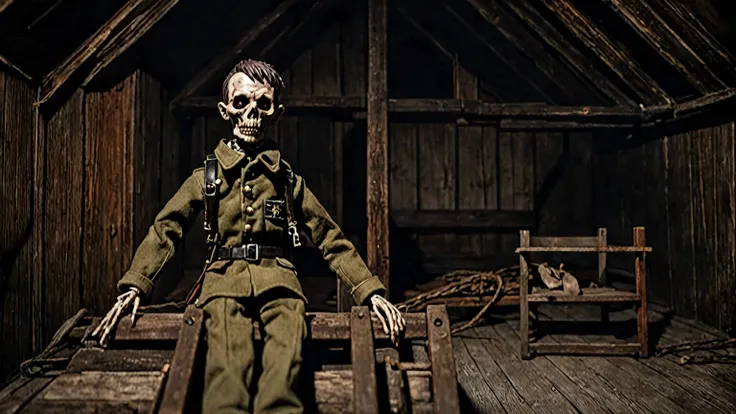 wendigo, haunted doll, creepy attic that looks like a soldier from modern wars , old mansion, tonos oscuros, inspired by the got...