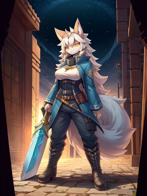 (best quality, masterpiece:1.2), backlit lighting, extremely detailed background,,de pele branca, Massive, muscular girl, Kaiju, aggressive, Proud,long, wavy white hair,Long dark blue coat,very very gigantic ,muffler,Wolf Girl,Golden decoration,big tail,tr...