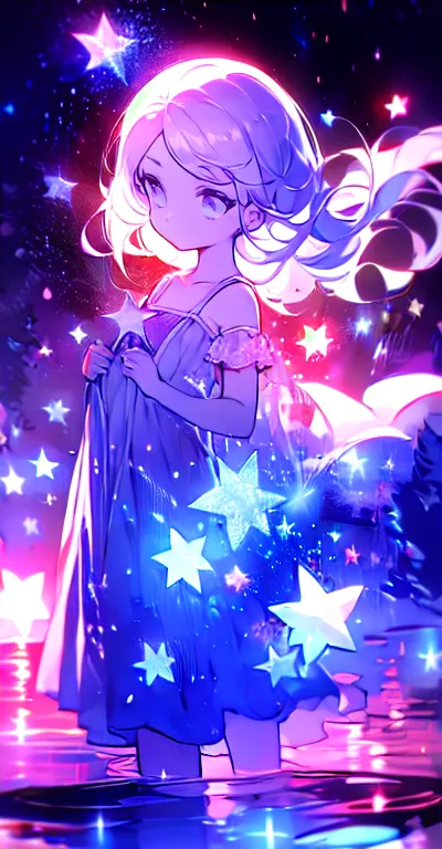 xcdd, dress, water play, star, water, null, night, shine, shine, star, night null, backlight, particles of light, floating hair,...