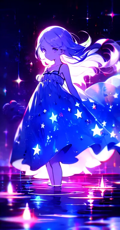 xcdd, dress, water play, star, water, null, night, shine, shine, star, night null, backlight, particles of light, floating hair,...