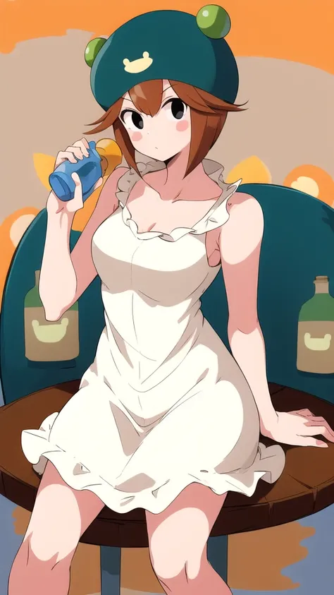 ribitta_megaman, 1 girl, looking at viewer, sitting on a stool, leaning on a bottle of tequila in her hand, cowboy dress, cowboy...