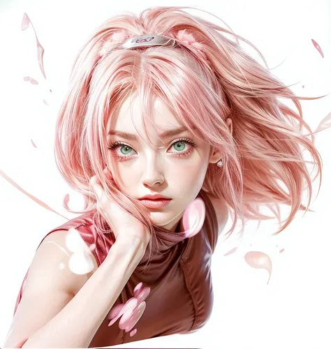 young woman, bubblegum pink hair tied in a bun, wide forehead, porcelain skin, pink eyebrows, emerald green eyes, upturned nose, thick pink lips, heart-shaped face, dark red clothes, Sakura Haruno, realism, well detailed, 3d
