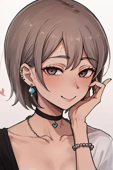 Piriyon, alone, One girl, 黒いnail, jewelry, short hair,Inner Color,  View your viewers, choker, necklace, put your hand on your face, Earrings, White Background, heart, Mouth closed, Grey Eyes, Manicure, Simple Background, Grey Hair, ear Earrings, black cho...