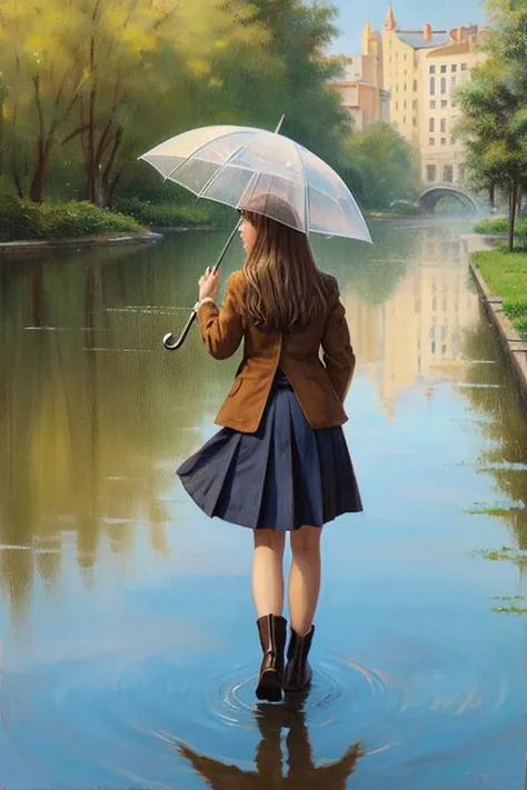 multiple_girls, umbrella, multiple_boys, boots, 4girls, long_hair, brown_hair, from_behind, skirt, blonde_hair, walking, traditional_media, bird, school_uniform, water, short_hair, painting_(medium), reflection