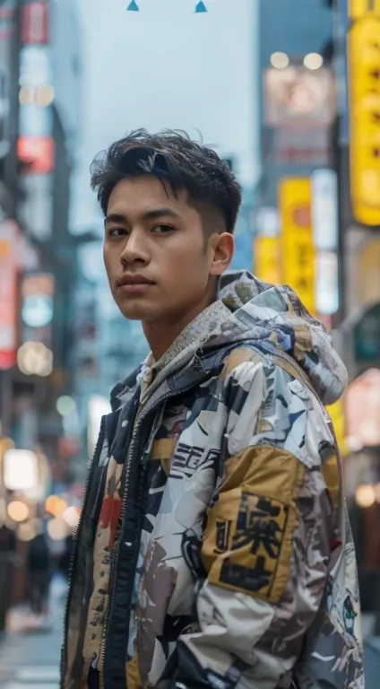 Boy wear jacket in Japan street, potrait, full HD, realistis