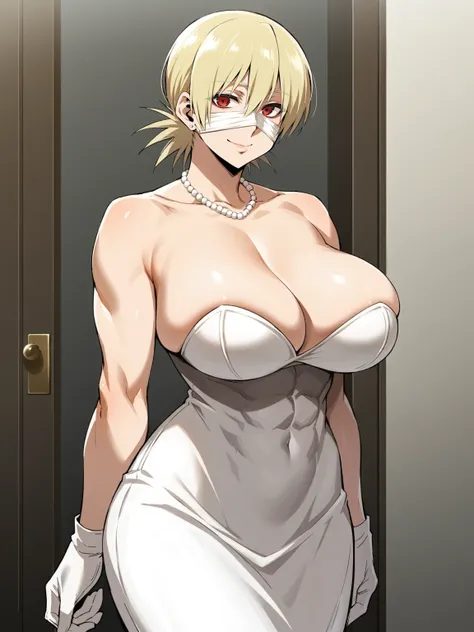 score_9, score_8_up, score_7_up, 1girl, looking at viewer, wedding gown, standing wedding, indoors, hellsing, blonde, red eyes, huge breasts, rating:safe, sfw, closeup, solo, abs, narrow waist, tiny waist, mature female, smile,  ikuchan, Masquerade mask