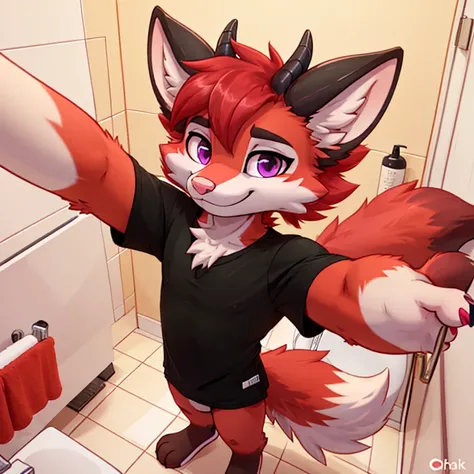 Anthropomorphic male crimson fox with pink nose, black ears, horns and purple eyes, two tails, fullbody view, solo, standing, taking a selfie with one hand, pov, bathroom, digital art, smug face. seen from above, wearing a black t-shirt, one eyebrow lift.