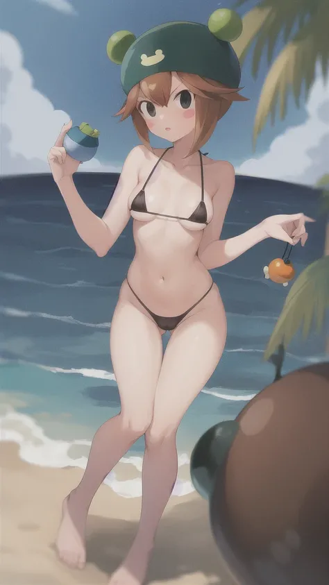 Ribitta_megaman, 1 girl, looking at viewer,  micro bikini , sea background 