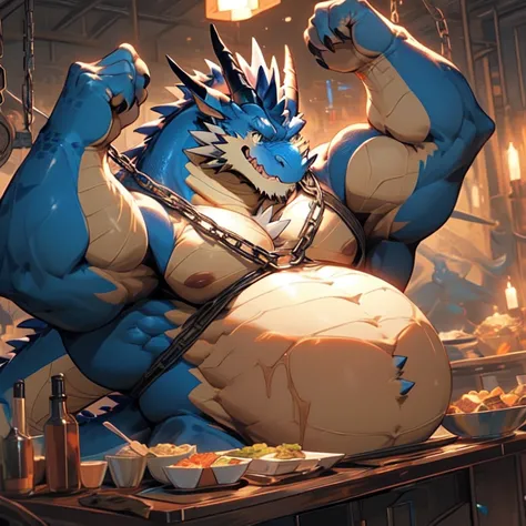  two anthropomorphic dragon, likely a red dragon and a blue dragon, in a setting that resembles a school bedroom. The focal point is a massively obese blue dragon. He is so large that he is being bounded with a strong chain and his hand are attached to a m...