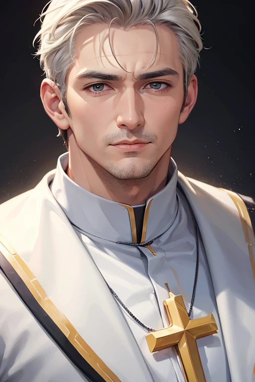 a man, superhero priest, mature, handsome, (closeup)