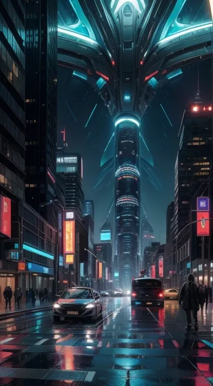 Create a photo-quality image of a futuristic city, Tall buildings with aesthetic designs that defy gravity but from a dystopian concept, con colores propios de un atardecer, lluvia, Lights of the city Pùrpura, metallic greens and blues. It also incorporate...