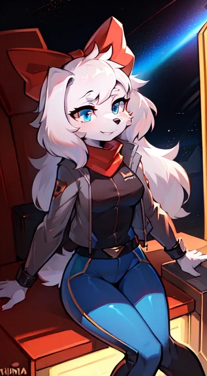 fayspaniel, furry female anthro, portrait, close-up, red bow, aqua jumpsuit, cropped jacket, grey jacket, red scarf, belt, solo,...