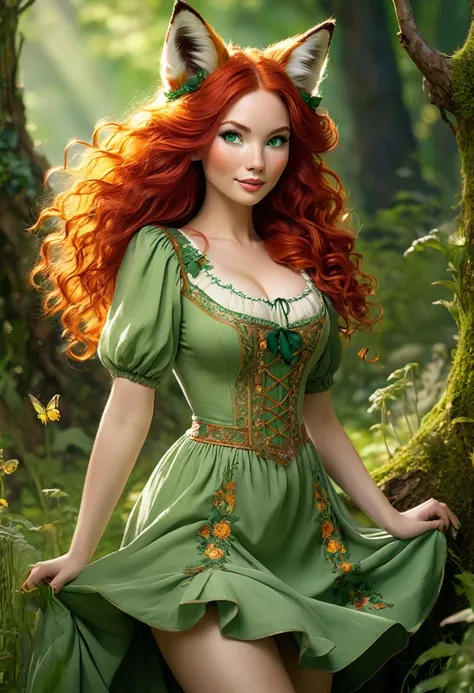 A Stunningly Gorgeous Women-Like Creature (Female) From A Fairy Tale World. With Vibrant Red Hair That Is Long Legth Curly, Frizzy, Kinky And Bushy, And Large Detailed Fox Ears. Vibrant Forrest Green Eyes, With Prominent Large Canine Teeth. Beautiful Ether...