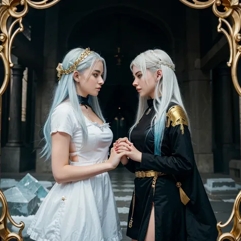 A girl with white hair and ice blue eyes holding hands with a wolf girl with black hair and gold eyes