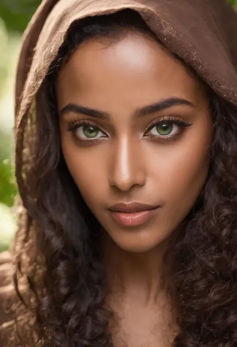 A beautiful, exotic, Ethiopian sexy girl with straight nose, brown glowing skin, long full curly hair, long lashes, mesmerizing green big eyes wearing a gold hijab 