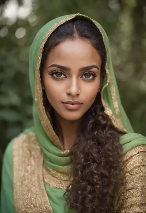 A beautiful, exotic, Ethiopian sexy girl with straight nose, brown glowing skin, long full curly hair, long lashes, mesmerizing green big eyes wearing a gold hijab 