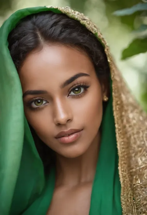 A beautiful, exotic, Ethiopian sexy girl with straight nose, brown glowing skin, long full curly hair, long lashes, mesmerizing green big eyes wearing a gold hijab 