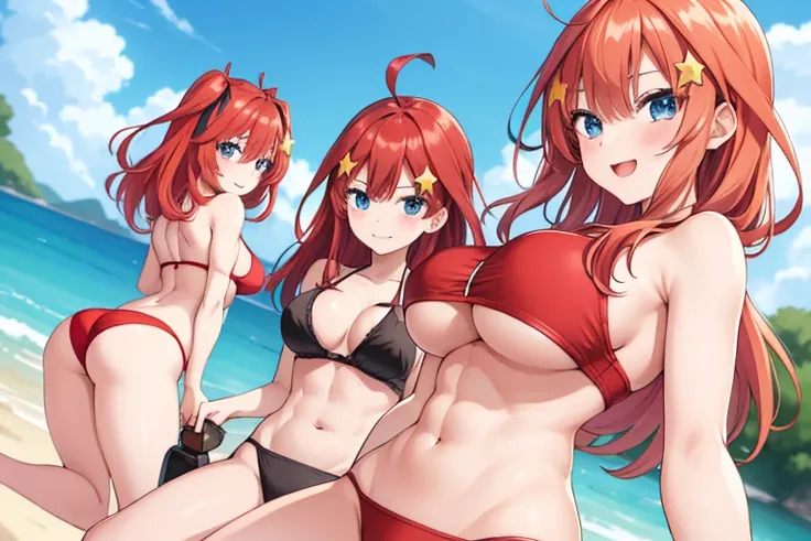 2d, masterpiece, best quality, anime, highly detailed, 5 girl, photo of 5 girl, quintuplets, nakano itsuki, red hair, long hair, star hair ornament, ahoge, large breasts, spa, red bikini, outdoors, smile, sexy body, perfect body, abs muscular, belly button...