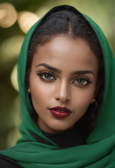 A beautiful exotic Ethiopian sexy girl with straight nose, brown glowing skin, long full curly hair, long lashes, mesmerizing green big eyes wearing full black hijab, red lipstick, and gold jewlery