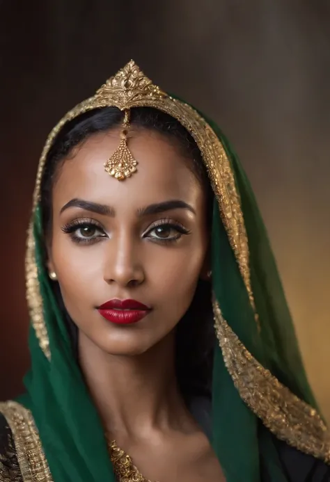 A beautiful exotic Ethiopian sexy girl with straight nose, brown glowing skin, long full curly hair, long lashes, mesmerizing green big eyes wearing full black hijab, red lipstick, and gold jewlery