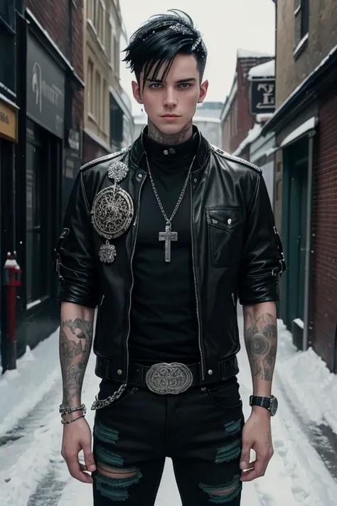 Thomas Weatherall  25-year-old boy with open black jacket, blue t-shirt with snow print, short black hair, punk style, yellow locks, black jeans, green eyes, black leather belt, silver buckle, slim muscular build, cross medallion, silver bracelet, looking ...