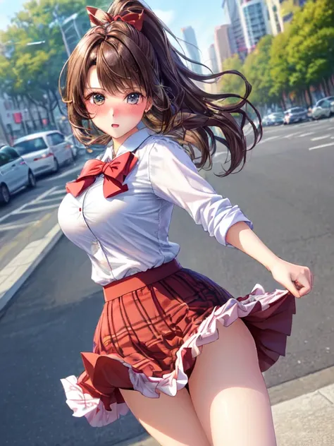 ((highest quality, High resolution, Perfect Pixel, 4K))), 1 female, Beautiful woman、I could see the whole body、Go down the subway stairs、Lots of commuters、 ((ponytail, bangs, Brown Hair)), ((Brown eyes, Beautiful eyelashes, Realistic eyes)), ((Detailed fac...