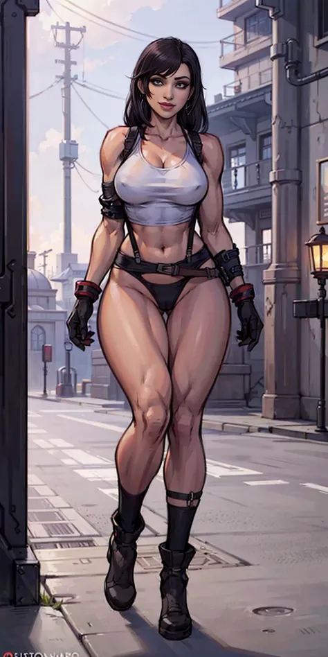 (8k, best quality, masterpiece:1.2) (realistic, photo-realistic:1.37) (full body) 1female solo girl, standing, legs apart (wide stance) standing contrapposto, ultra-detailed, cute (Tifa Lockhart) (large breasts:1.5) (beautiful detailed eyes) (smile:1.2) (c...