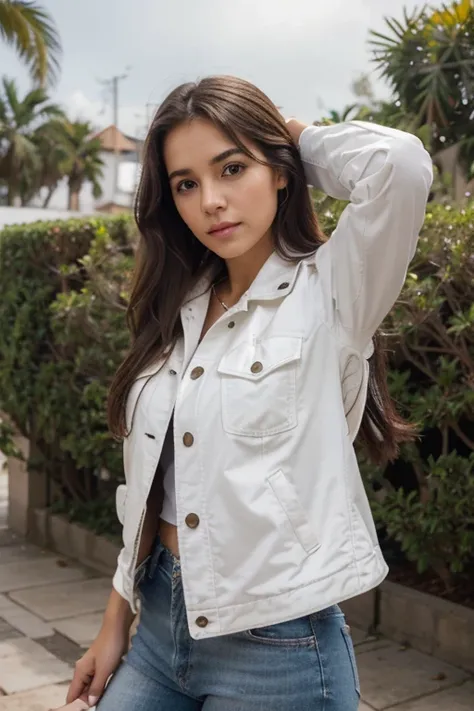 Chica joven, piel blanca, hermosa, cabello largo, peinado coleta de caballo, delgada, rostro de rasgos finos, campera de cuero