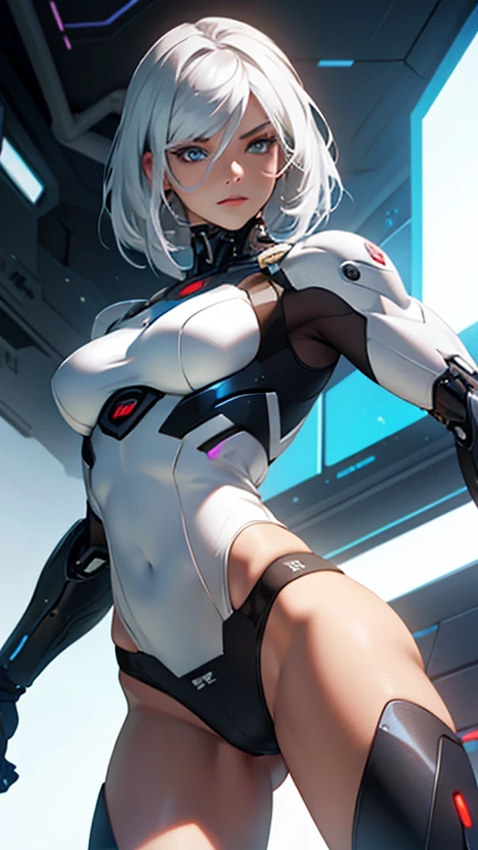 Beautiful cybernetic white hair girl looking at camera in underwear detailed muscles realistic masterpieces dynamic poses 