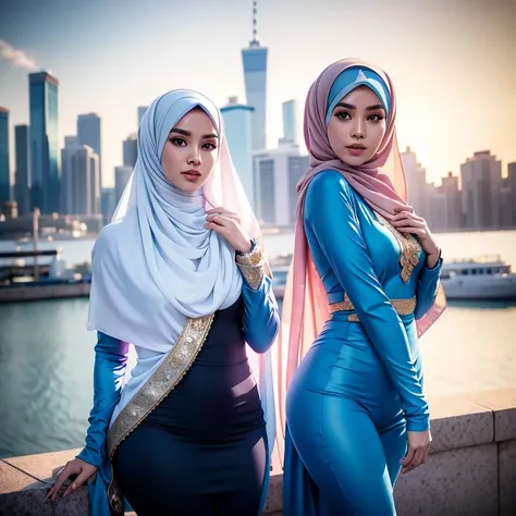 two:2 malay girls, group,long big hijab, blue eyes, medium hijab, superhero, blue and white leotard, leggings, boots, hands on h...