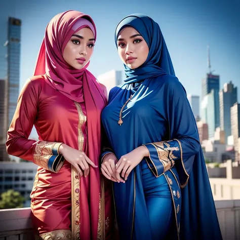 two:2 malay girls, group,long big hijab, blue eyes, medium hijab, superhero, blue and white leotard, leggings, boots, hands on h...