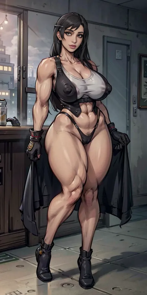 (8k, best quality, masterpiece:1.2) (realistic, photo-realistic:1.37) (full body) 1female solo girl, standing, legs apart (wide stance) standing contrapposto, ultra-detailed, cute (Tifa Lockhart) (large breasts:1.5) (beautiful detailed eyes) (smile:1.2) (c...