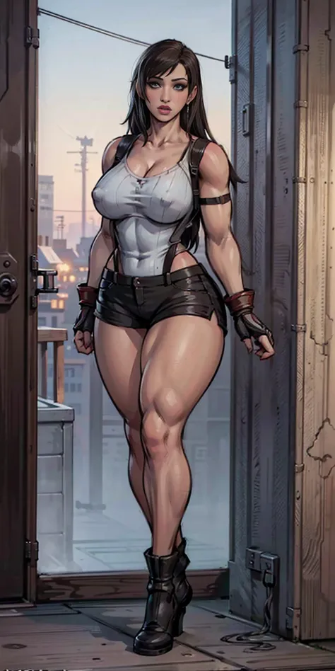 8k, best quality, masterpiece:1.2) (realistic, photo-realistic:1.37) (full body) 1female solo girl, standing, legs apart (wide stance) standing contrapposto, ultra-detailed, cute (Tifa Lockhart) Final Fantasy VII