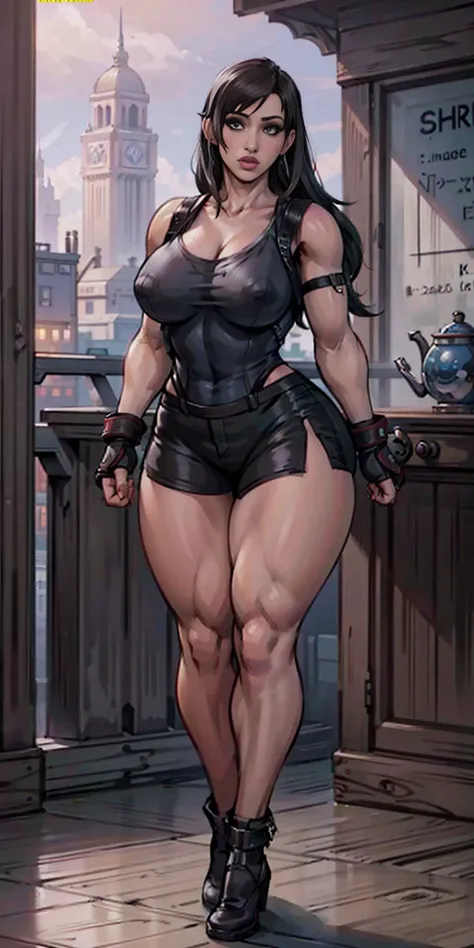 8k, best quality, masterpiece:1.2) (realistic, photo-realistic:1.37) (full body) 1female solo girl, standing, legs apart (wide stance) standing contrapposto, ultra-detailed, cute (Tifa Lockhart) Final Fantasy VII