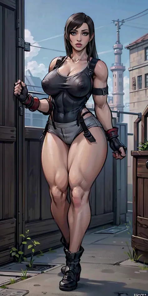 8k, best quality, masterpiece:1.2) (realistic, photo-realistic:1.37) (full body) 1female solo girl, standing, legs apart (wide stance) standing contrapposto, ultra-detailed, cute (Tifa Lockhart) Final Fantasy VII