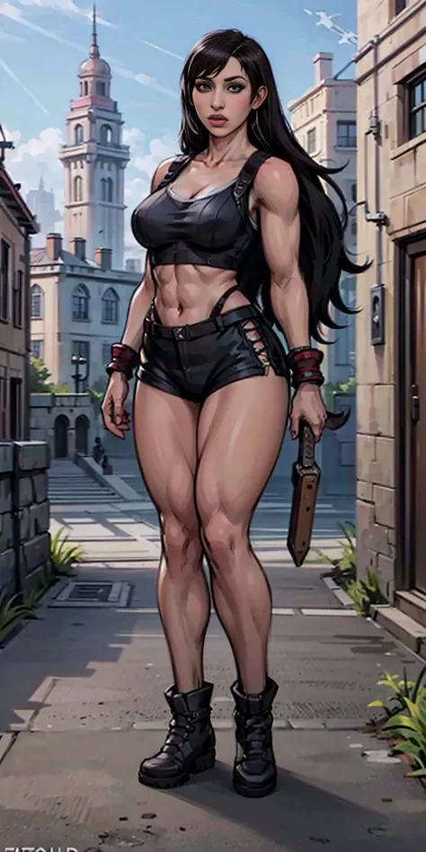 8k, best quality, masterpiece:1.2) (realistic, photo-realistic:1.37) (full body) 1female solo girl, standing, legs apart (wide stance) standing contrapposto, ultra-detailed, cute (Tifa Lockhart) Final Fantasy VII