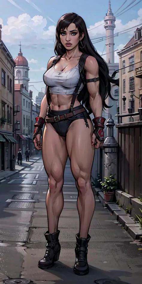 8k, best quality, masterpiece:1.2) (realistic, photo-realistic:1.37) (full body) 1female solo girl, standing, legs apart (wide stance) standing contrapposto, ultra-detailed, cute (Tifa Lockhart) Final Fantasy VII