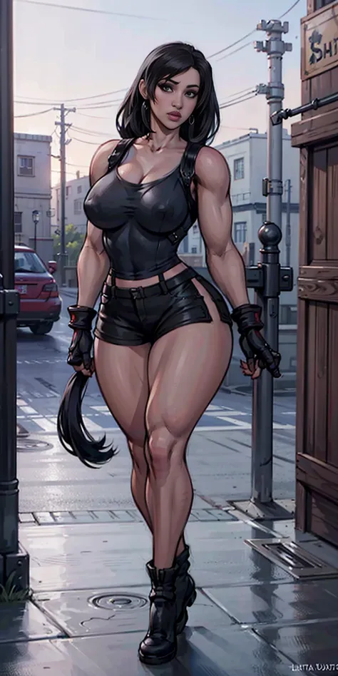 8k, best quality, masterpiece:1.2) (realistic, photo-realistic:1.37) (full body) 1female solo girl, standing, legs apart (wide stance) standing contrapposto, ultra-detailed, cute (Tifa Lockhart) Final Fantasy VII