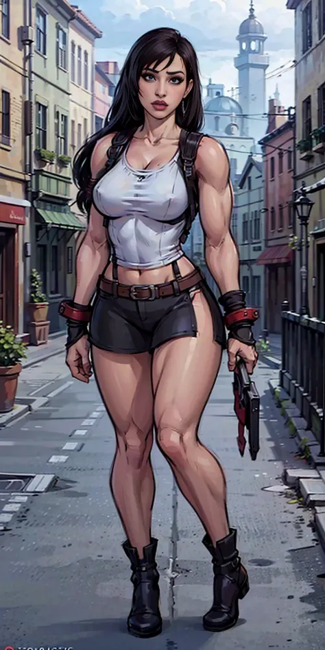 8k, best quality, masterpiece:1.2) (realistic, photo-realistic:1.37) (full body) 1female solo girl, standing, legs apart (wide stance) standing contrapposto, ultra-detailed, cute (Tifa Lockhart) Final Fantasy VII