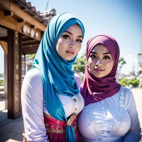 two:2 malay girls, group,long big hijab, blue eyes, medium hijab, superhero, blue and white leotard, leggings, boots, hands on h...