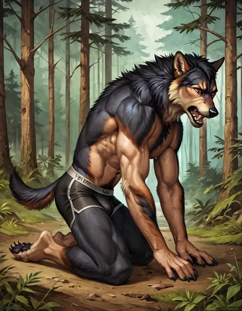 score_9, score_8_up, score_7_up, score_6_up, score_5_up, score_4_up, (solo), male werewolf mid transformation, solo, masterpiece, best art, black boxer briefs, detailed hands, forest, pain expression, night, looking at self, kneeling, muscular, body hair, ...