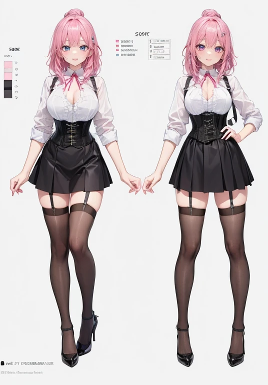 pink hair,Long hair,Adult female,Bartender,((Body harness)),((Rolling up your sleeves shirt)),(Corset),(Tight skirt),Garter belt,High heels,((Simple background)),Smile,((Full body)),((whole body)),Character Sheet,