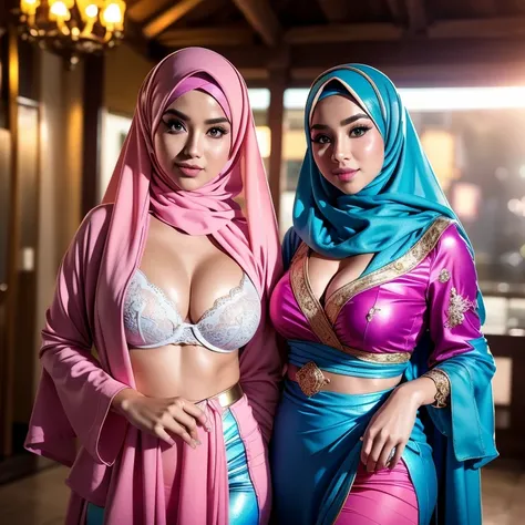 big breast, malay, The whole body consists of a young girl with hijab bikinis Kimono, Eye makeup, 38 year old, Cat ears, Soft lighting, groups, Wear shabby clothes, Dirty, red futuristic military uniform, Cats paw badge, Pose, spot color, rendering by octa...