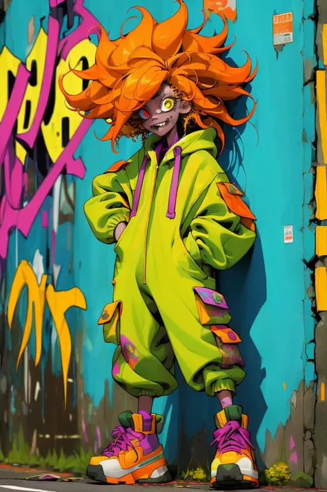 ((long shot, full body: 1.6)), purple: 1.5, orange: 1.1, green: 1.3, white: 1.3, yellow: 1.3, (rapper girl with scary hair, high...