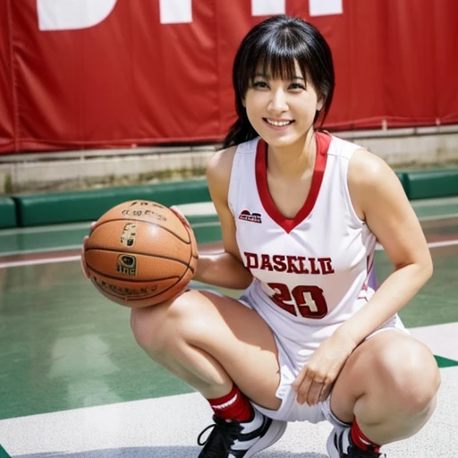 wearing basketball  jersey, huge tits, ponytail, smile, very tall pretty woman, japanese mature woman. black hair, squatting and leg spread near the hoop, exposed breast, exposed nipple, puffy nipple,visible nipple, super tits