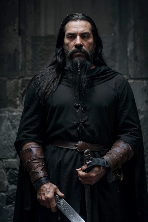 60 year old man in black, ugly face, black beard, black ice, tattered medieval clothes, a sword in right hand, a dagger on the left, bad crooked teeth, unkept long black hair, black cloak, twisted shoulder