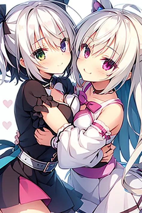 Two girls,Twin-tailed,Chest to chest,hug,Heterochromia,magical girl costume,evil smile,White background,Top image quality,Best Quality