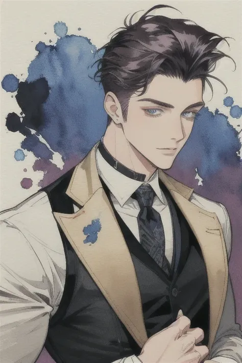 illustration, ink color, gouache watercolor, young man, solo, handsome_male, choker, burly, waistcoat, quiff, split, 